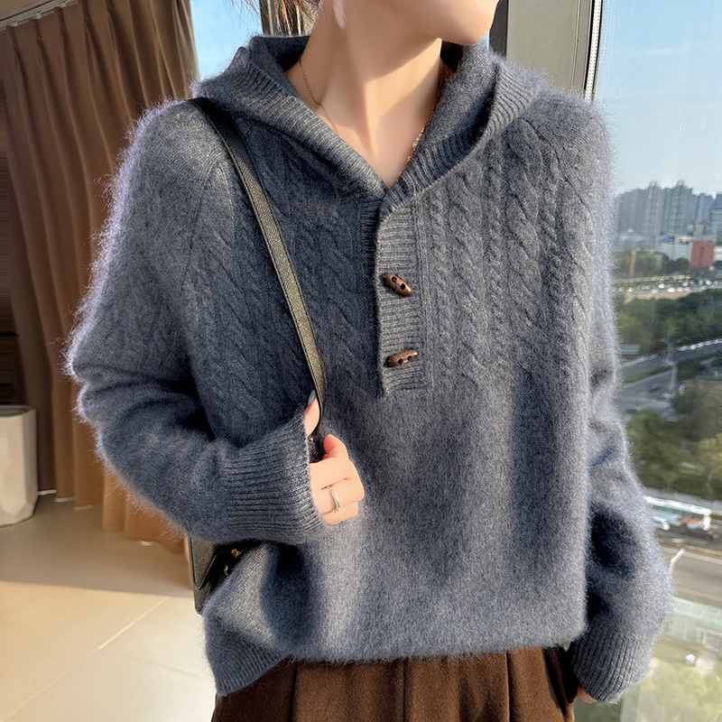 Wool Coat Peacoat - 100% 순수 밍크 캐시미어 니트 후드